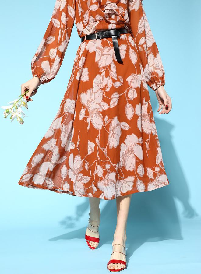 SASSAFRAS All Over Floral Print Midi Skirt with Belt by Styli - Image 1