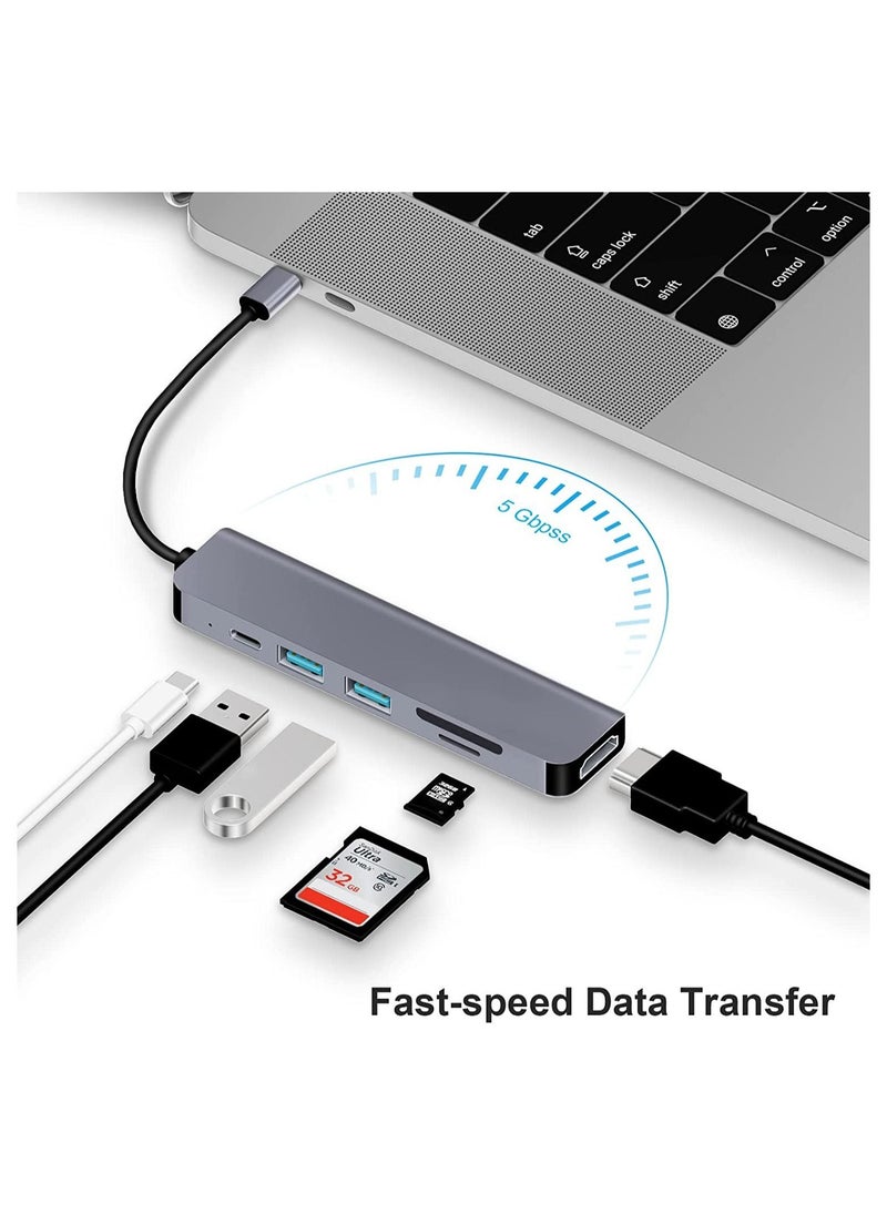ELTRAZONE - 6 in 1 Type C to HDMI Multiport Adapter with HDMI 4K Output, 2 USB Ports, SD/TF Card Reader, USB-C Power Delivery - Image 1