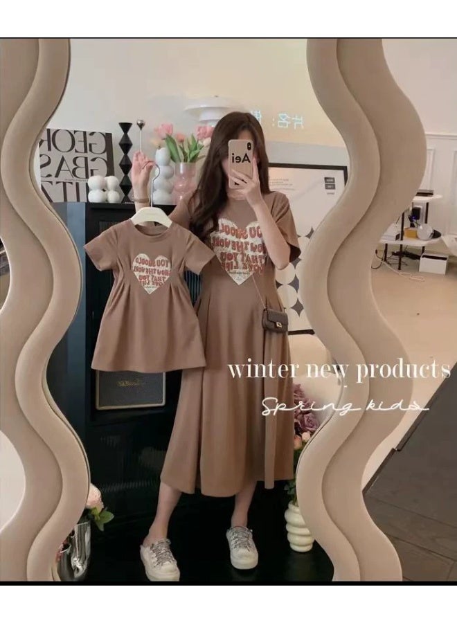 general Mom and Me Matching Outfits - Brown Heart Print T-Shirt Dress Set, Casual Summer Family Matching Dresses for Mother and Daughter - Image 1