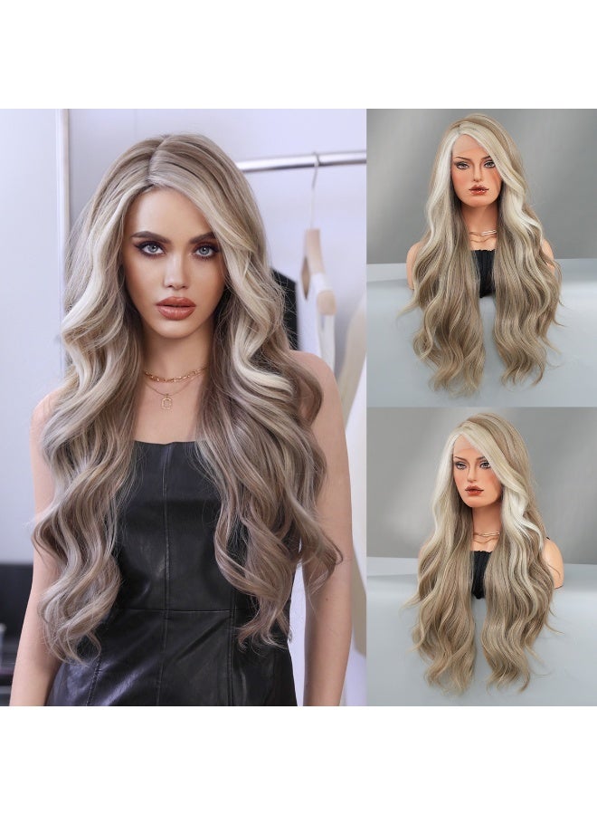 Generic Long Wavy Ombre Synthetic Lace Wig Blue and Gray White_70cm 28 Inch 