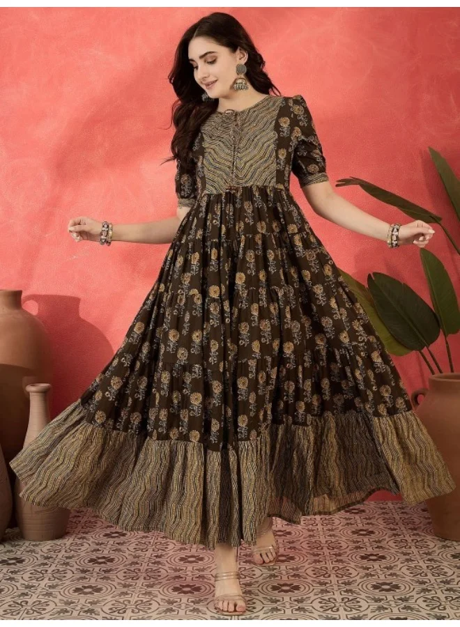 AKS Olive Cotton Printed Tiered Flared Maxi Dress