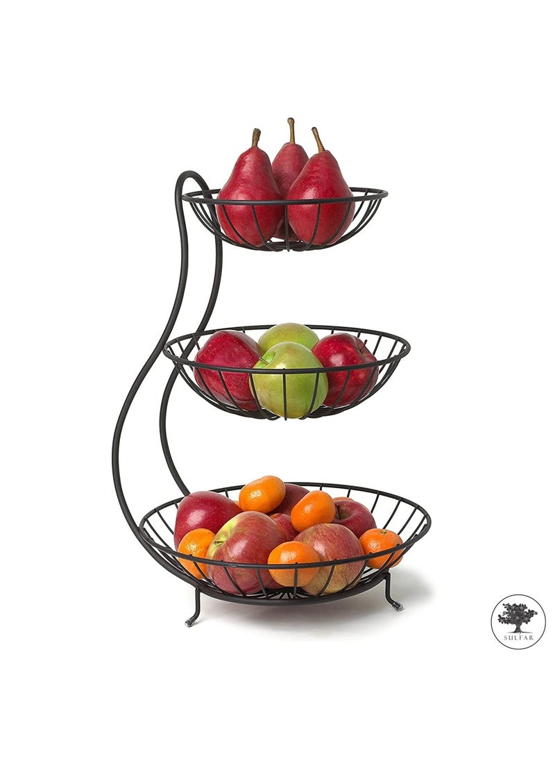 sulfar MS Unique Stacked 3 Tier Bowls Fruits Basket, Dining Table & Kitchen Counter Organizer, Modern Fruit Basket Stand (Black)  - Image 3