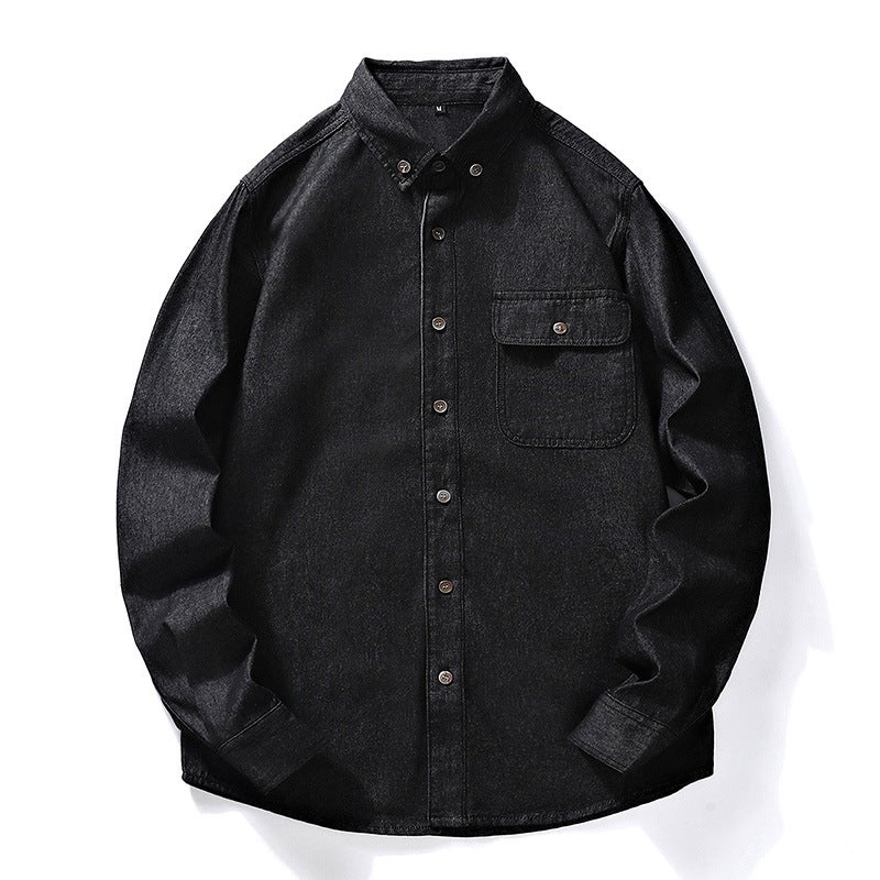 Foreign Trade Spring and Autumn Thin Solid Color Vintage Work Wear Mens Long Sleeve Denim Shirt Simple Washed Mens Shirt Jacket Black