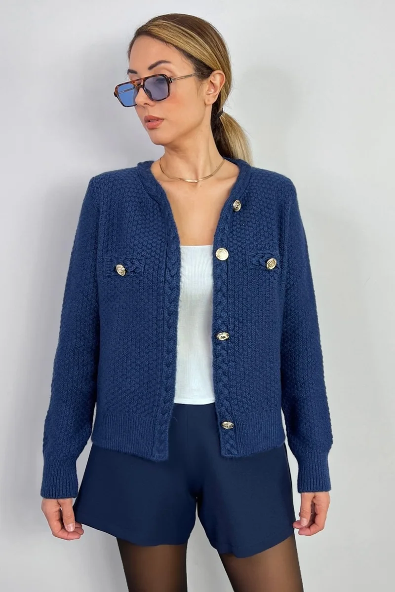 Ritnice Women's Paris Navy Blue Hair Knit Detail Knitwear Cardigan / Jacket