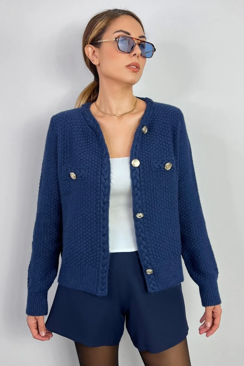 Ritnice Women's Paris Navy Blue Hair Knit Detail Knitwear Cardigan / Jacket