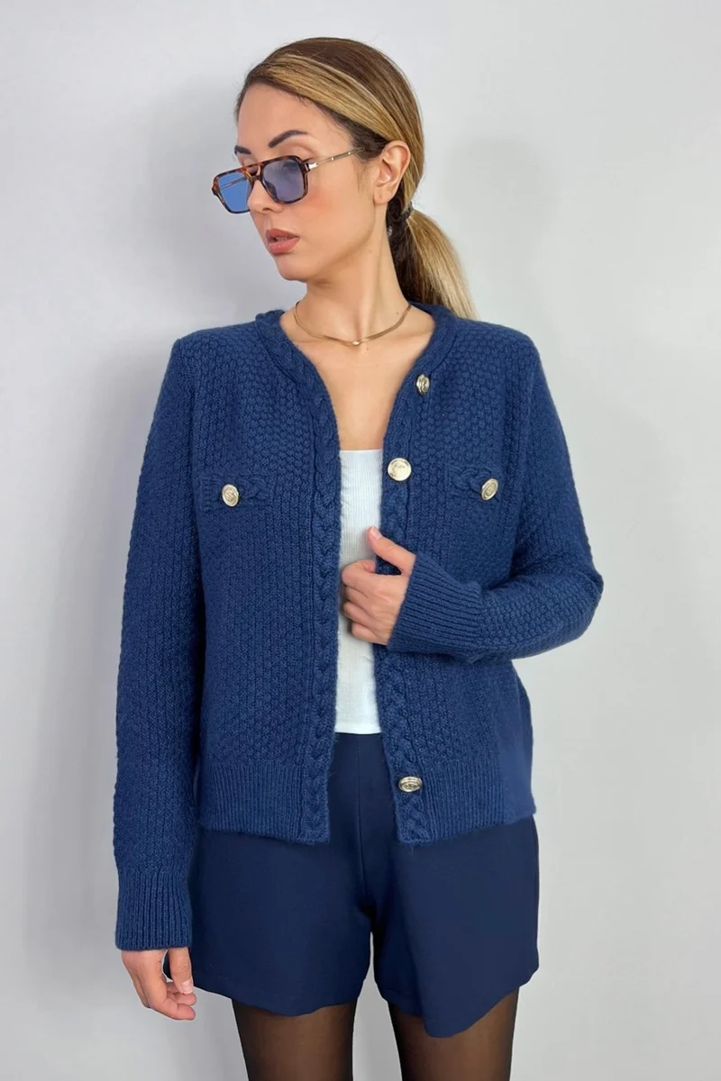 Ritnice Women's Paris Navy Blue Hair Knit Detail Knitwear Cardigan / Jacket