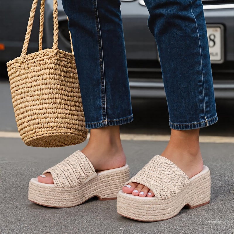 EQAUDES Comfortable Wedge Sandals for Women Open Toe Platform Beach Sandal Summer Espadrille Dressy Sandal Cute Woven Straw Raffia Sandals - Image 5