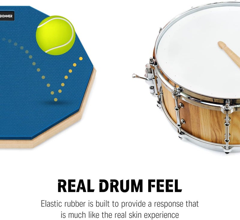 Donner 12 Inches Drum Practice Pad Silent Drum Pad Set Blue 2-Sided With Drum Sticks - Image 2