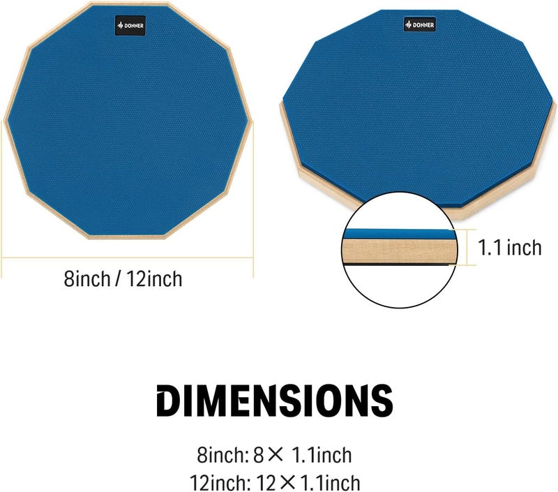 Donner 12 Inches Drum Practice Pad Silent Drum Pad Set Blue 2-Sided With Drum Sticks - Image 5