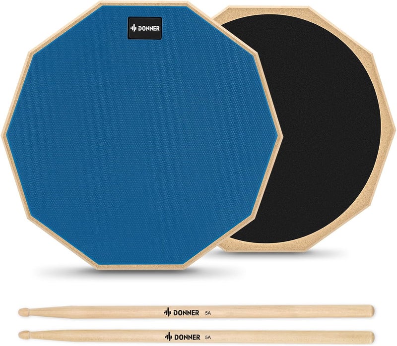 Donner 12 Inches Drum Practice Pad Silent Drum Pad Set Blue 2-Sided With Drum Sticks - Image 1