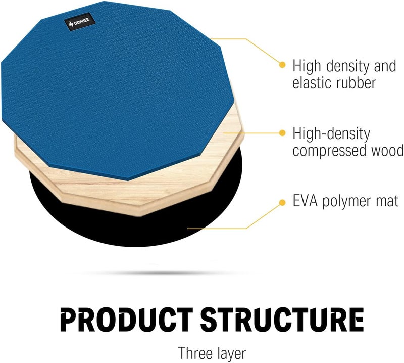 Donner 12 Inches Drum Practice Pad Silent Drum Pad Set Blue 2-Sided With Drum Sticks - Image 3