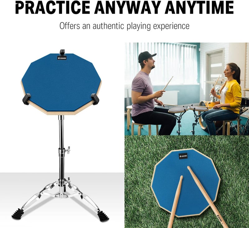 Donner 12 Inches Drum Practice Pad Silent Drum Pad Set Blue 2-Sided With Drum Sticks - Image 4