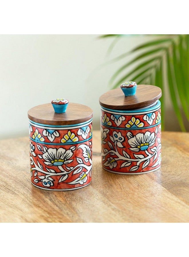 ExclusiveLane 'Mughal Barrel' Multi Utility Storage Ceramic Jars for Kitchen Storage with Wooden Lid (Air-Tight, Set of 2, 420 ml) |Ceramic Container with Lid Storage Jars and Container Set - Image 1