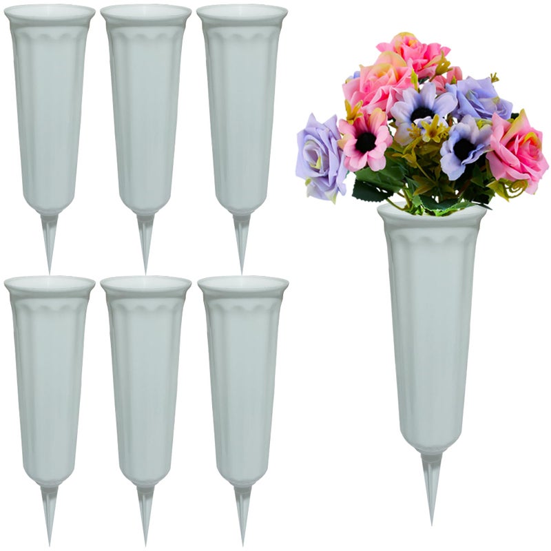 OTDCGI Memorial Floral Vases, Cemetery Vase, 10" High with Stake, Grave Cone Vase, Flower Pots for Outdoor Plants, Decorative Plastic Containers (Set of 6, White) - Image 1