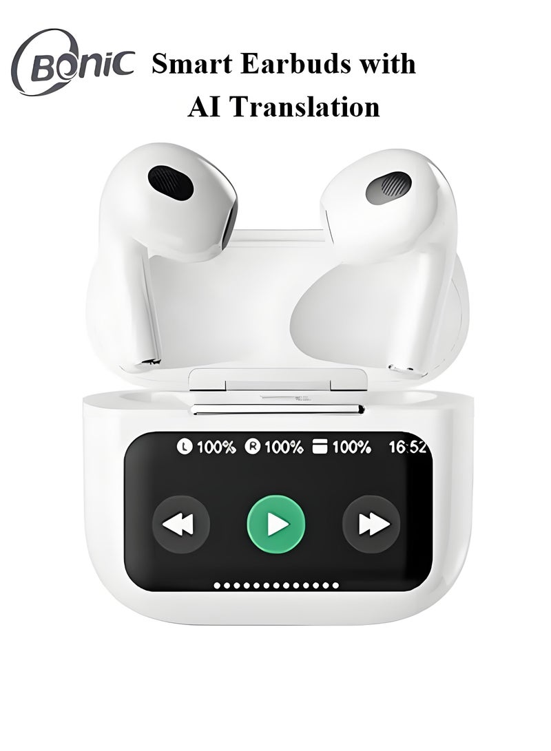 Bonic True Wireless In-ear Earbuds Earphones Buds Real Time AI Translation with 144 Languages and Accents Online with LED Smart Touch Screen Display Translator Device English Arabic AI Translation Buds - WHITE - Image 1