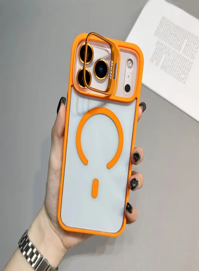AROAQ iPhone 17 Magnetic Anti-Drop Phone Case with Metal Stand and Glass Lens Protection – Shockproof TPU Back Cover, MagSafe Compatible , Orange