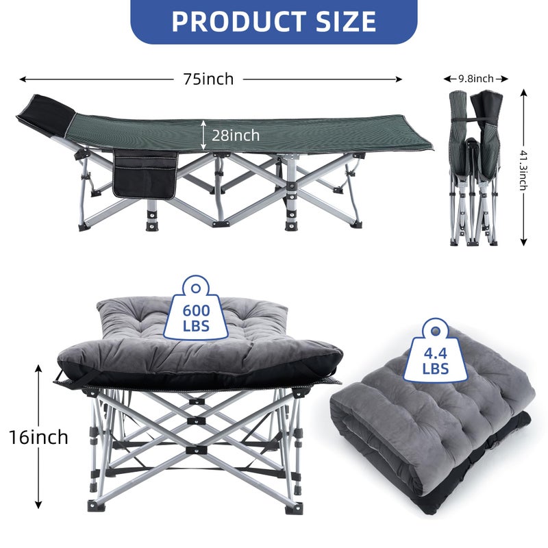 Fragess Camping Cot, Sleeping Cots for Adults, Portable Camping cots with Mattress, Pillow and Carry Bag, 1200D Double Layer Oxford, 600 LBS Weight Capacity Cots for Sleeping(Grey+Black) - Image 5