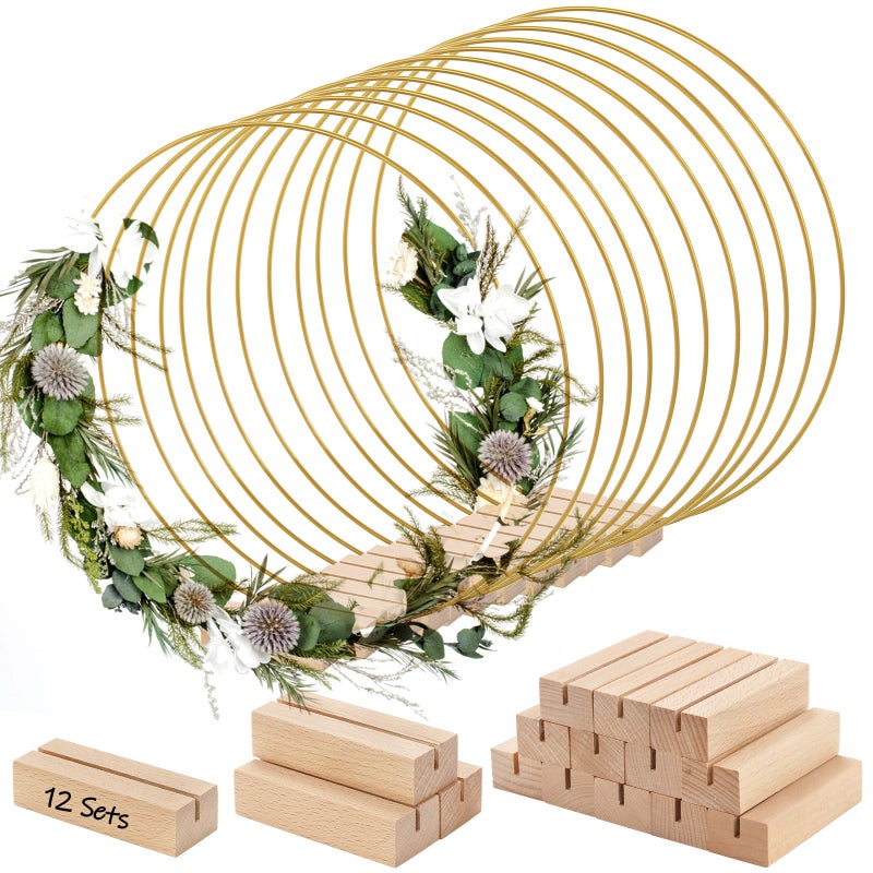 ZOOFOX 12 Pack Metal Floral Hoop Centerpiece with Stand, 12 Inch Large Metal Hoop for Crafts, Wreath Macrame Gold Hoop Rings for DIY Wedding Decor Dream Catcher - Image 1