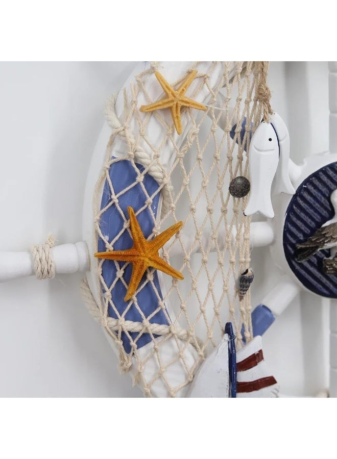 Nautical Ship Steering Wheel Wall Décor with Seagulls, Starfish & Fishing Net Accent - Blue & White - Image 4