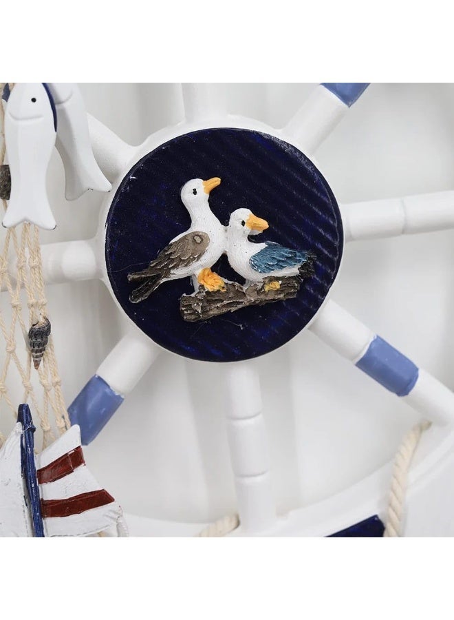 Nautical Ship Steering Wheel Wall Décor with Seagulls, Starfish & Fishing Net Accent - Blue & White - Image 2