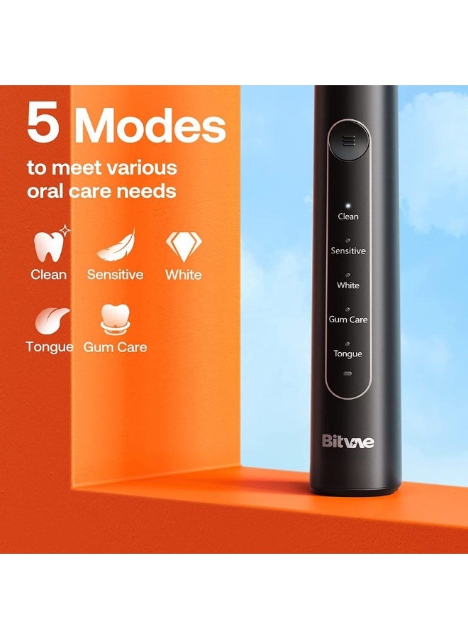 بيتفي فرشاة أسنان كهربائية قابلة لإعادة الشحن من Bitvae BV R2 للبالغين، 5 أوضاع تنظيف، شعيرات ناعمة، مقاومة للماء IPX7، فرشاة أسنان لتبييض الأسنان - Image 3