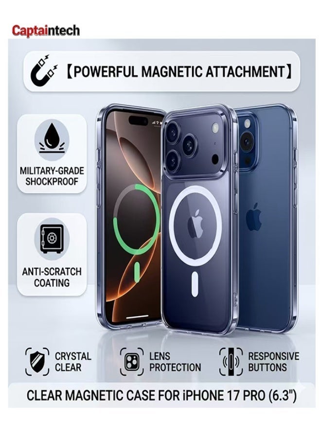 Captaintech Clear Magnetic Case for iPhone 17 Pro - Shockproof Slim Cover with Strong MagSafe Magnet, 6.3-inch - Image 1