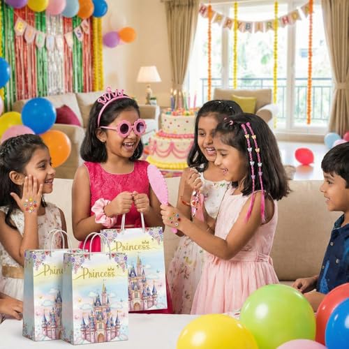 Party Propz هدايا العودة لحفلات عيد الميلاد - 70 قطعة، هدايا عيد ميلاد بموضوع الأميرة للأطفال من عمر 6-10 سنوات، عصابة رأس، رباط شعر، نظارات وردية، مرآة، مشابك شعر، حقيبة هدايا، هدايا حفلات - Image 4