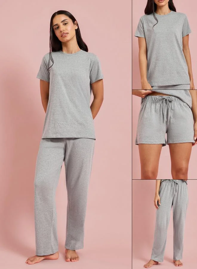 Styli Pack Of 3 - Solid Short Sleeve T-Shirt, Shorts And Pyjama Set