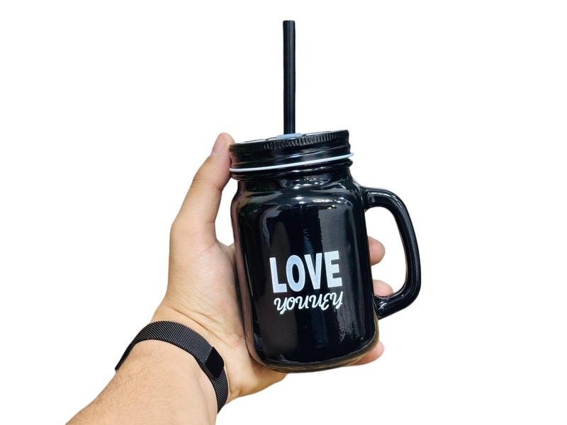 Mason Jar Mug with Straw and Lid, Black Glass, Drinking Cup - Image 3