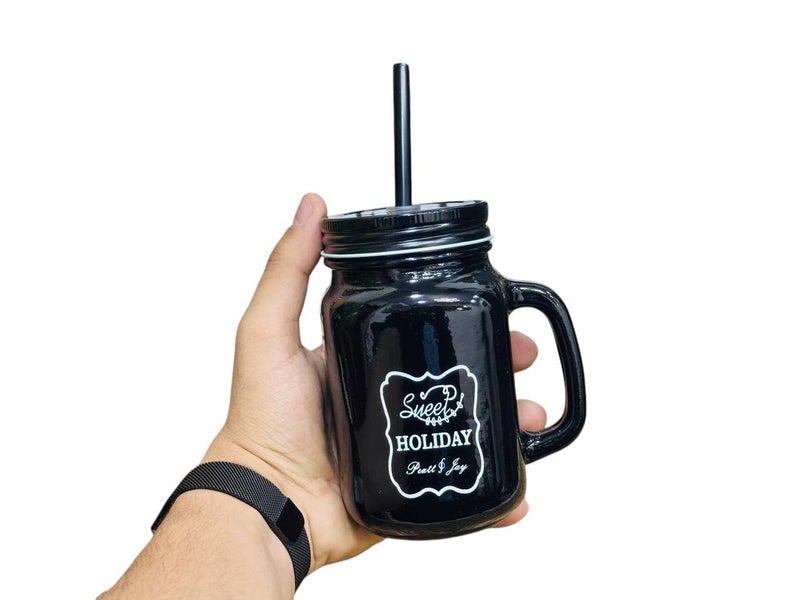 Mason Jar Mug with Straw and Lid, Black Glass, Drinking Cup - Image 5