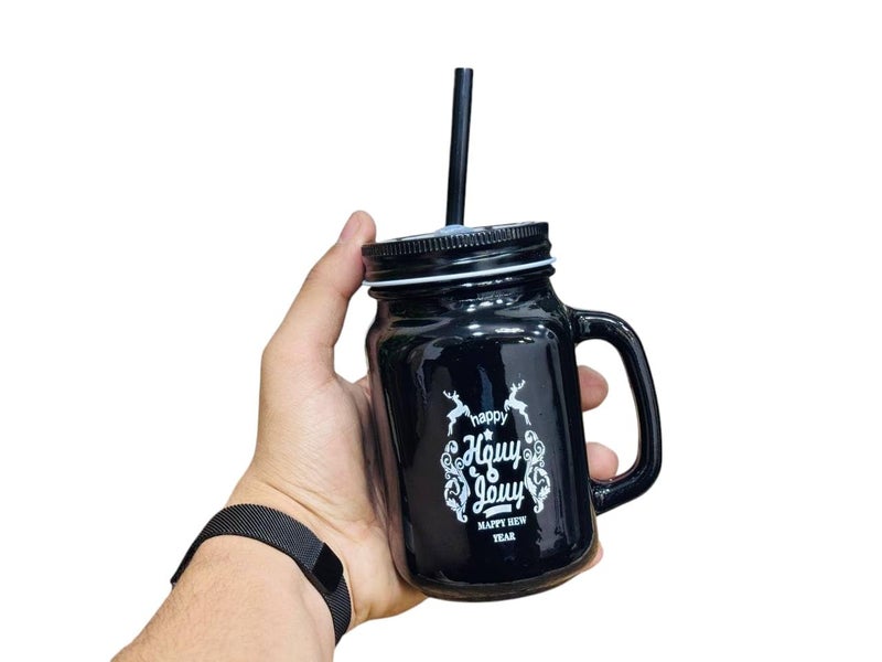 Mason Jar Mug with Straw and Lid, Black Glass, Drinking Cup - Image 4