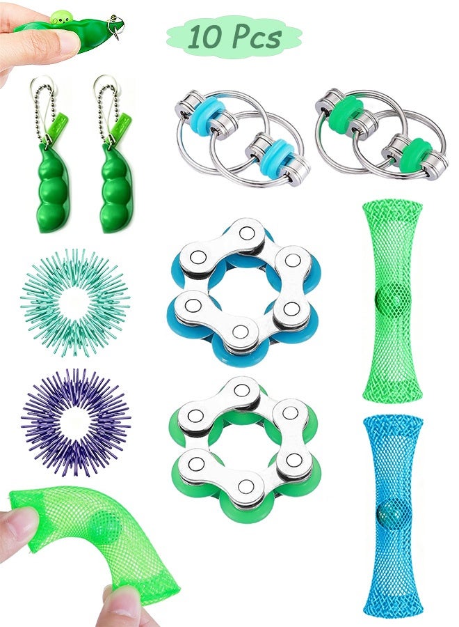 GD 10 Pcs Sensory Fidget Toy with Roller Bike Chain Fidget Spinner and Marble Fidget Stress Pea Pod Stress Relief Tools - Spiky Sensory Finger Rings for Kids and Adults with Attention Disorder - Image 1
