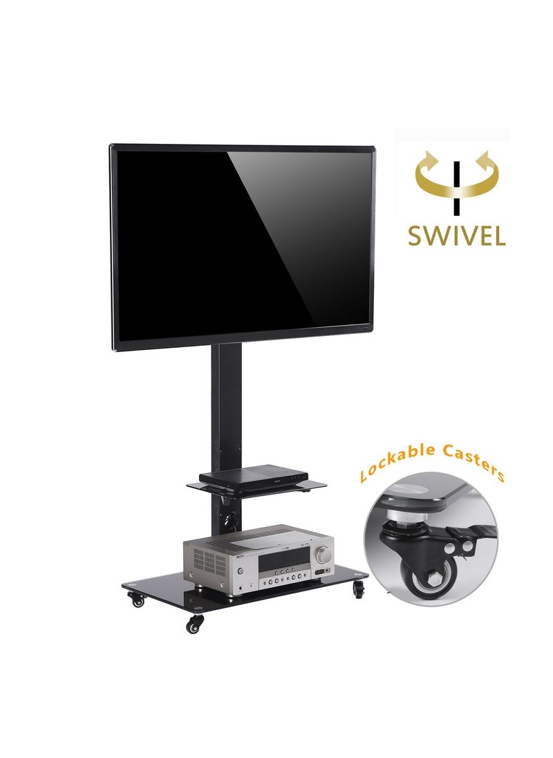 FlashHawk Mobile Floor TV Stand with Tempered Glass Shelf, Height Adjustable Rolling Cart for 32-60 Inch TVs, VESA 600x400, 50kg Capacity  - Image 1