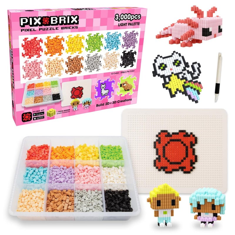 Pix Brix Pixel Art kit Puzzle Bricks 3000 Piece Pixel Art Container 12 Color Light Palette Interlocking Building Bricks Create 2D and 3D Builds Without Water or Glue Stem Toys Ages 6 Plus - Image 3