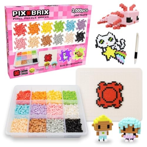 Pix Brix Pixel Art kit Puzzle Bricks 3000 Piece Pixel Art Container 12 Color Light Palette Interlocking Building Bricks Create 2D and 3D Builds Without Water or Glue Stem Toys Ages 6 Plus - Image 1