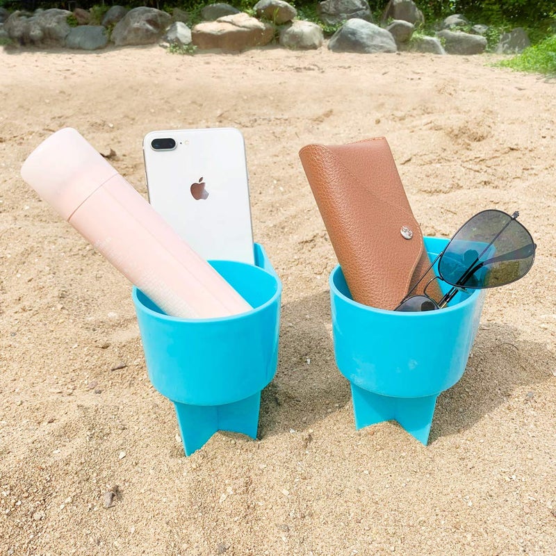 Home Queen Beach Cup Holder with Pocket MultiFunctional Sand Cup Holder for Beverage Phone Sunglasses Key Beach Accessory Drink Sand Coaster 2Pack Blue