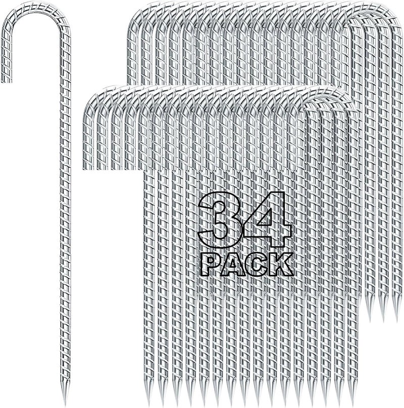 Homwin 12 inches Tent Stakes Heavy Duty 34-Pack, 5/16" Diameter J Hook Fence Stakes Rebar Ground Stake for Inflatables, Tarp, Yard Lawn Outdoor Decoration - Image 1