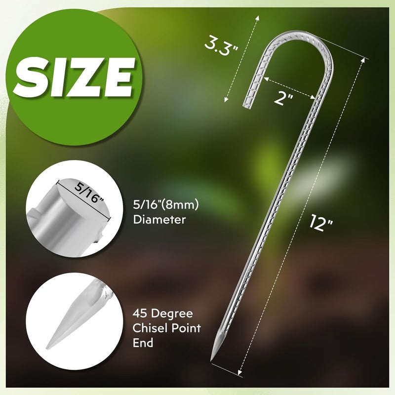 Homwin 12 inches Tent Stakes Heavy Duty 34-Pack, 5/16" Diameter J Hook Fence Stakes Rebar Ground Stake for Inflatables, Tarp, Yard Lawn Outdoor Decoration - Image 2