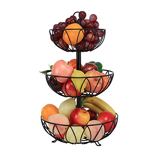 Rice rat 3 Tier Fruit Basket Metal Wire Fruit Bowl Bread Vegetable Organizer Storage Organizer Black Cast Iron - Image 2