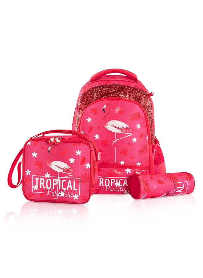 Eazy Kids 17 Inch Set Of 5 School Bag With Bento Box Stainless Steel Water Bottle 640ml, Lunch Bag And Pencil Case - Tropical Pink  - Image 2