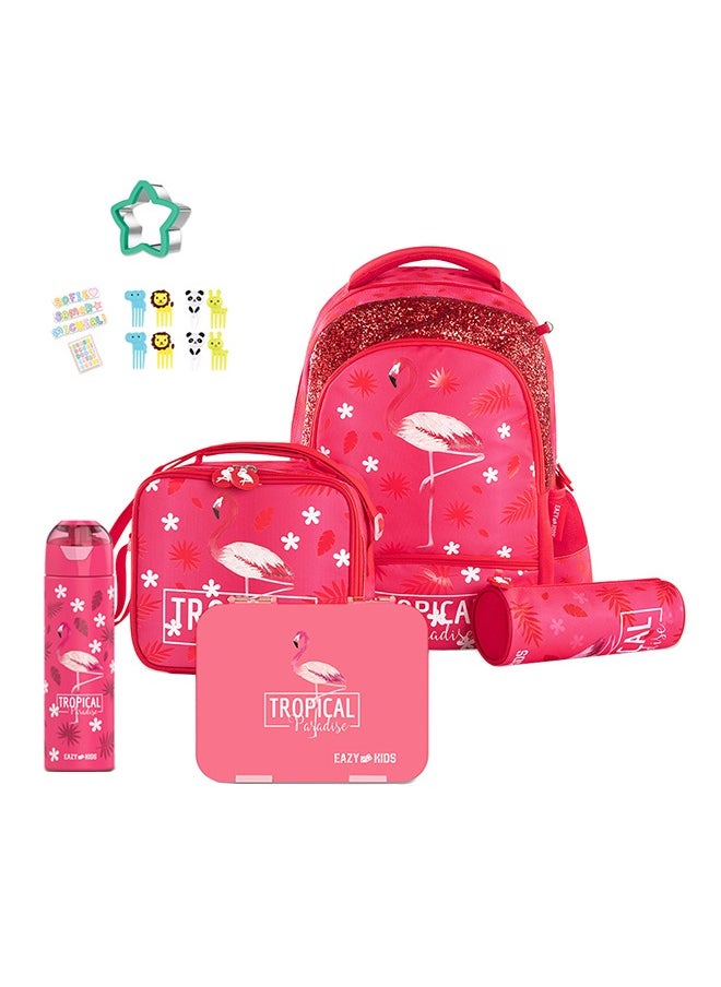 Eazy Kids 17 Inch Set Of 5 School Bag With Bento Box Stainless Steel Water Bottle 640ml, Lunch Bag And Pencil Case - Tropical Pink  - Image 1