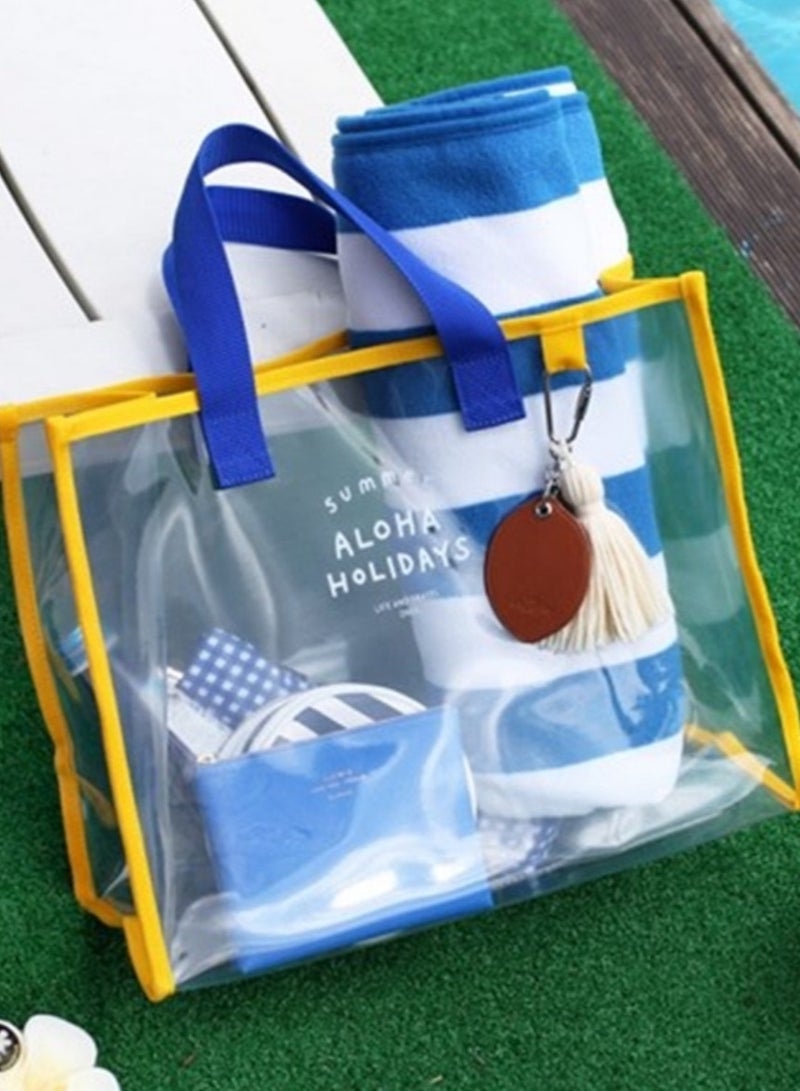 Fashionable transparent PVC beach bag - PVC hand-held swimming bag - portable clothing storage bag - travel handbag, blue+yellow  - Image 2