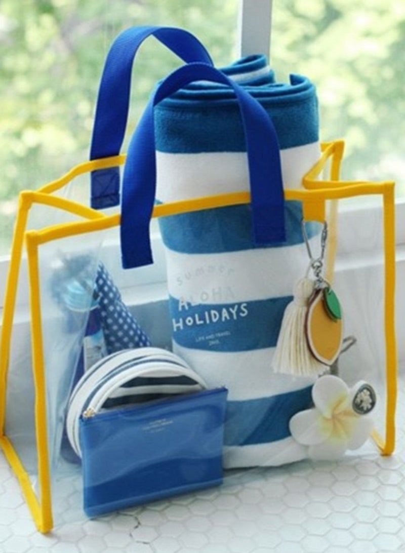 Fashionable transparent PVC beach bag - PVC hand-held swimming bag - portable clothing storage bag - travel handbag, blue+yellow  - Image 3