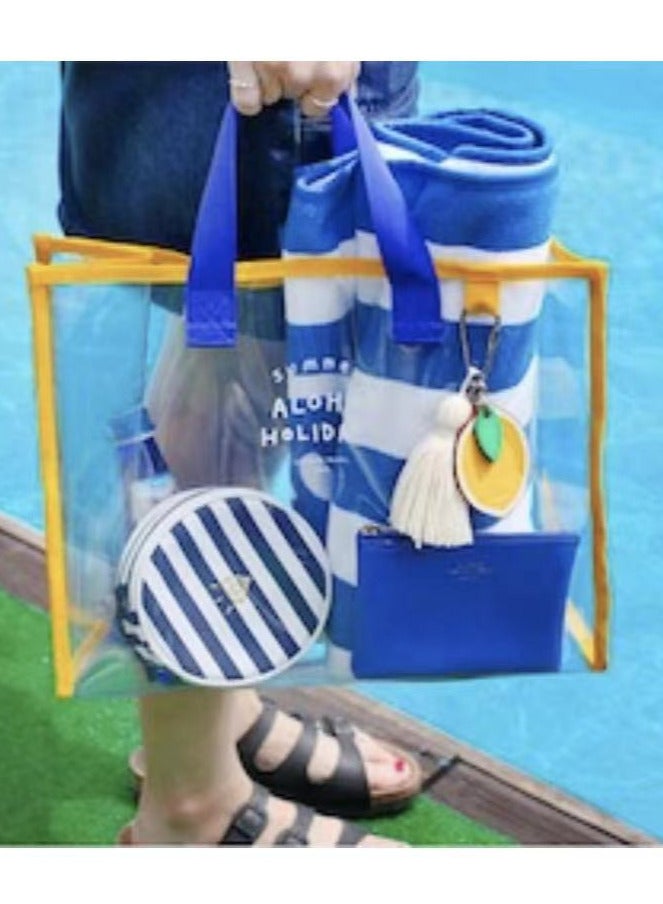 Fashionable transparent PVC beach bag - PVC hand-held swimming bag - portable clothing storage bag - travel handbag, blue+yellow  - Image 5