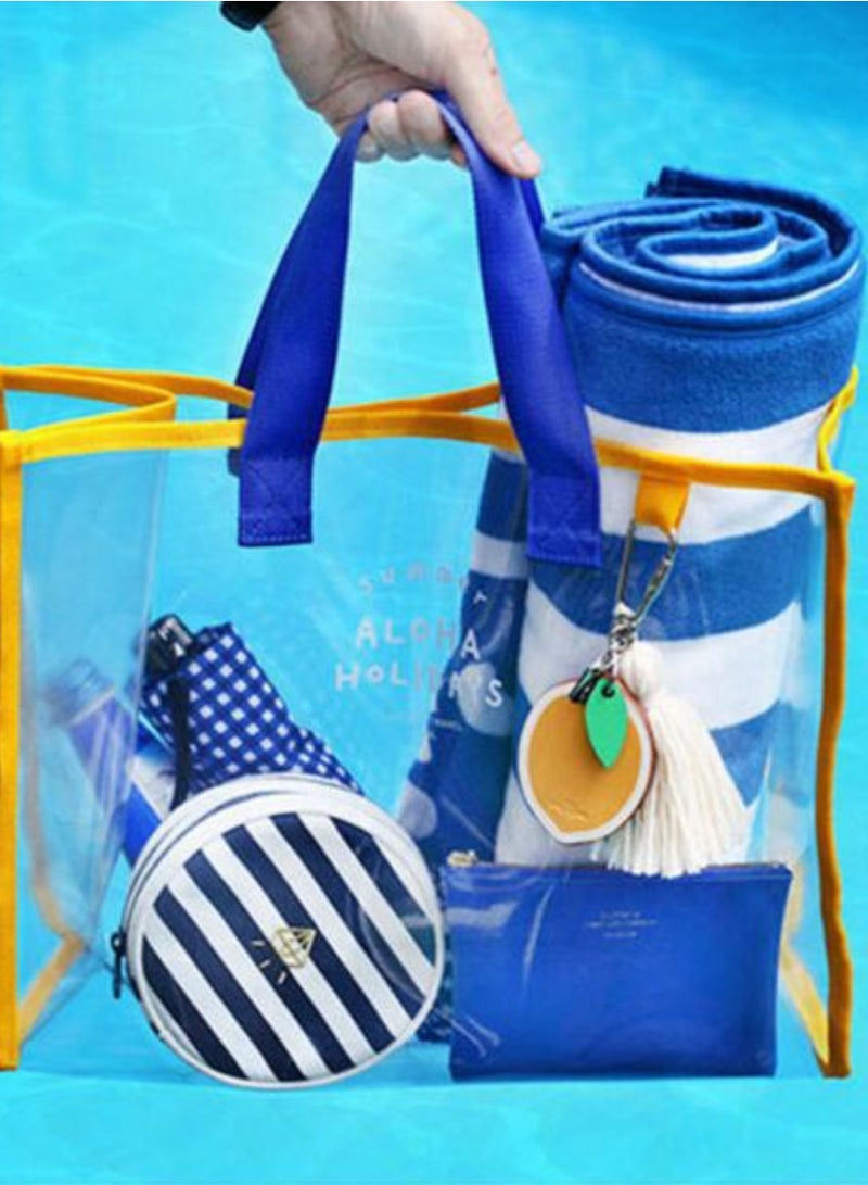 Fashionable transparent PVC beach bag - PVC hand-held swimming bag - portable clothing storage bag - travel handbag, blue+yellow  - Image 1