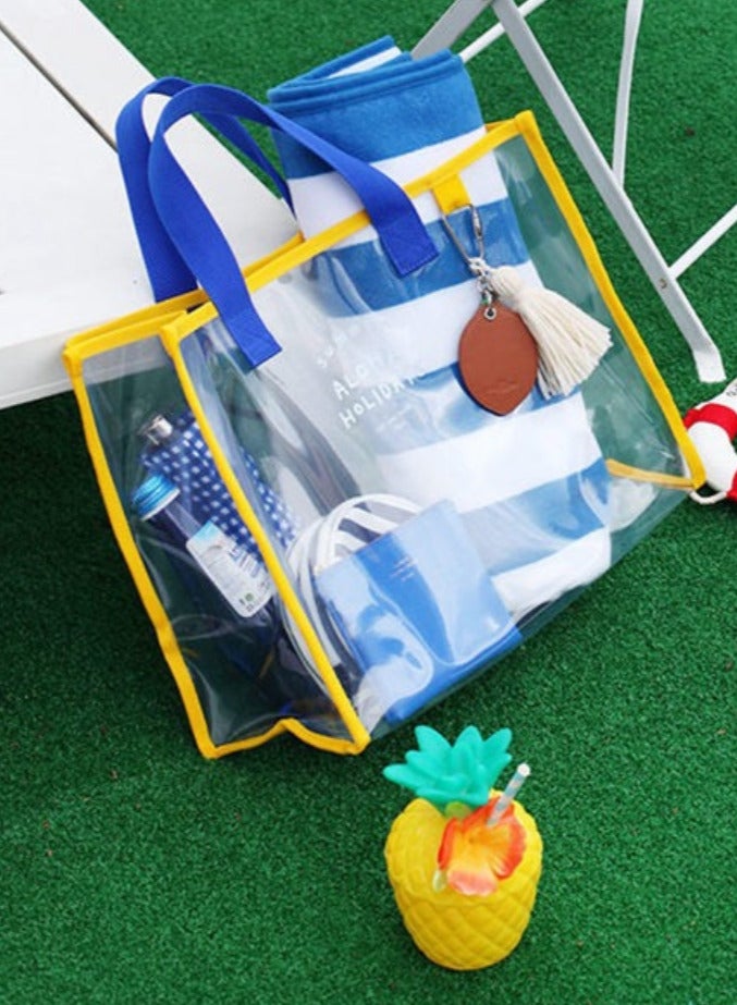 Fashionable transparent PVC beach bag - PVC hand-held swimming bag - portable clothing storage bag - travel handbag, blue+yellow  - Image 4