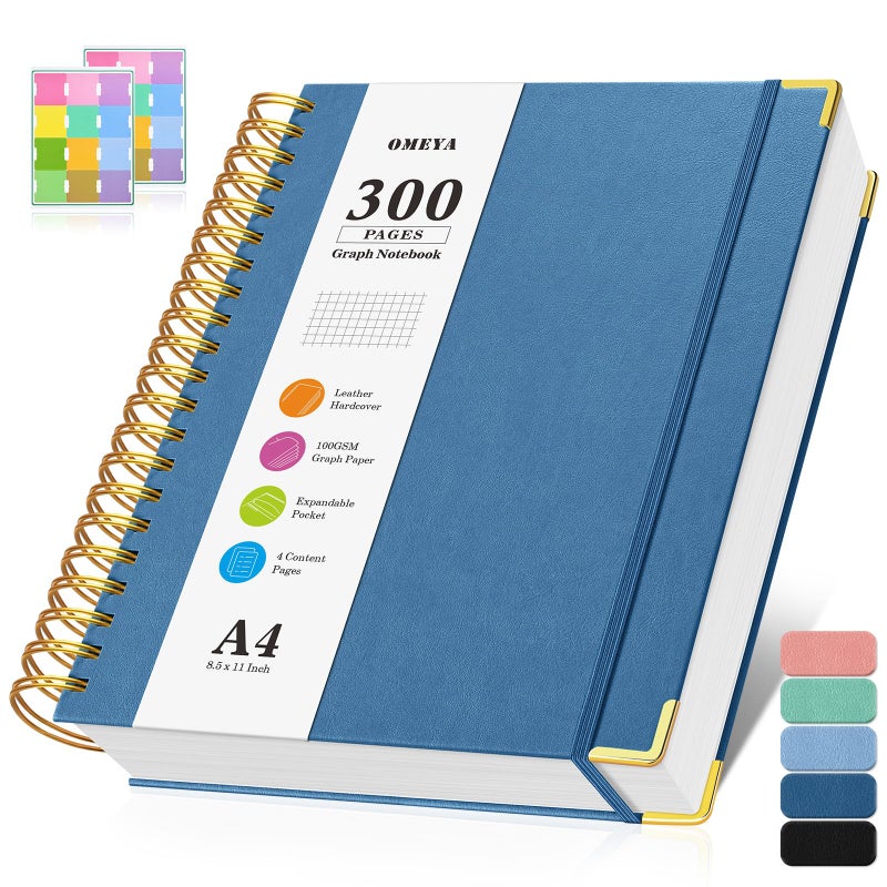 OMEYA Graph Paper Notebook, Spiral Grid Notebook 8.5" X 11", Hardcover Leather Journal 300 Pages, 100GSM Thick Grid Paper Notebook, Large A5 Graphing Notebook Journal for Women Men Writing Engineering Work - Image 1
