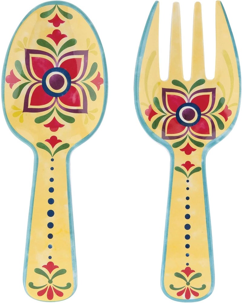 UPware Fiesta Floral Melamine Salad Servers Serving Utensil Set Includes Serving Fork and Spoon for Tossing Salad Pasta Multicolor 1075 Inch Set of 2 - Image 1