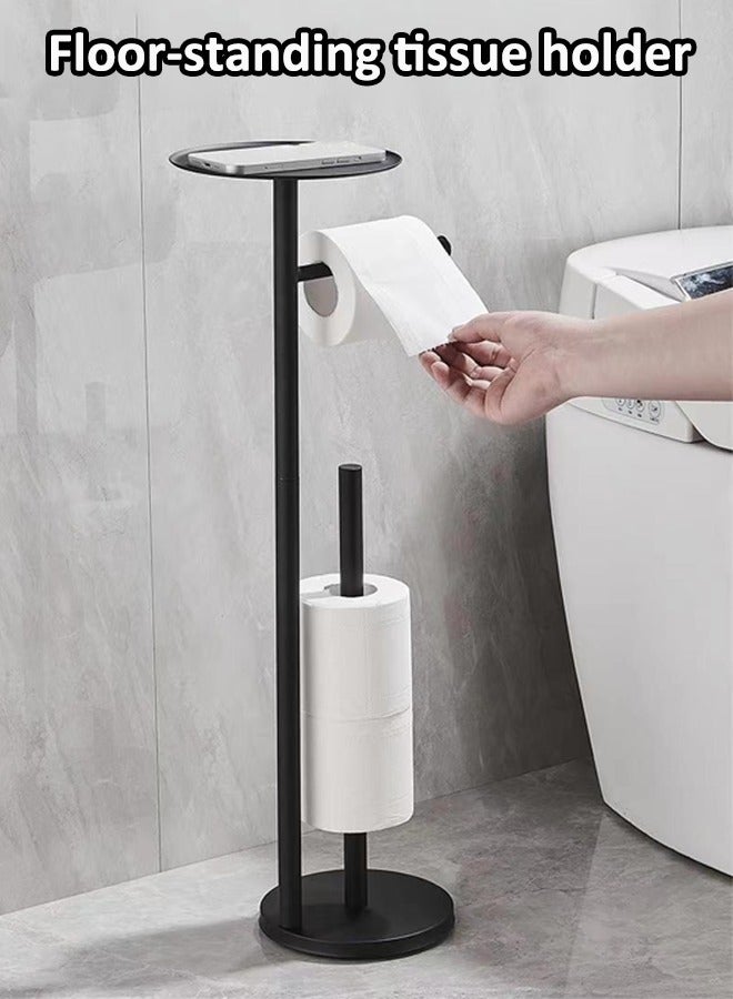 Floor-standing tissue holder Toilet Paper Holder Stand with Phone Shelf Bathroom Toliet Decor Decoration Tissue Paper Roll Holder Free Standing Storage for Bathroom Floor Standing Toilet Roll Dispenser(Black)  - Image 1