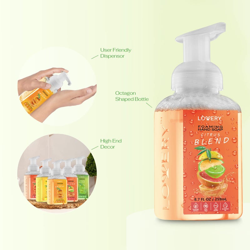 LOVERY Foaming Hand Soap Pump - 5-PK - Moisturizing Hand Soap Foam with Aloe Vera & Essential Oils - Alcohol-Free Hand Wash in Citrus Blend, Lemon, Orange, Lime, Grapefruit Fragrances for Kitchen & Bathroom - Image 2